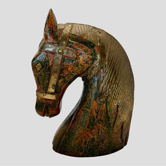 Horse Bust Profile Sculpture Bookend Brass Halter And Mane Over Painted Wood VTG - Picture 13 of 16